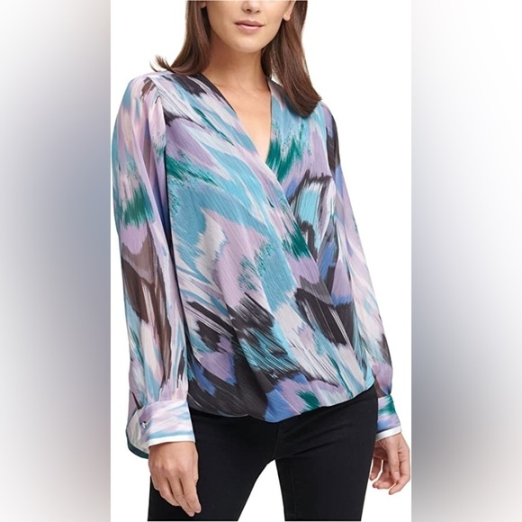 DKNY Printed Surplice Wrap Blouse Womens Medium - Picture 1 of 8